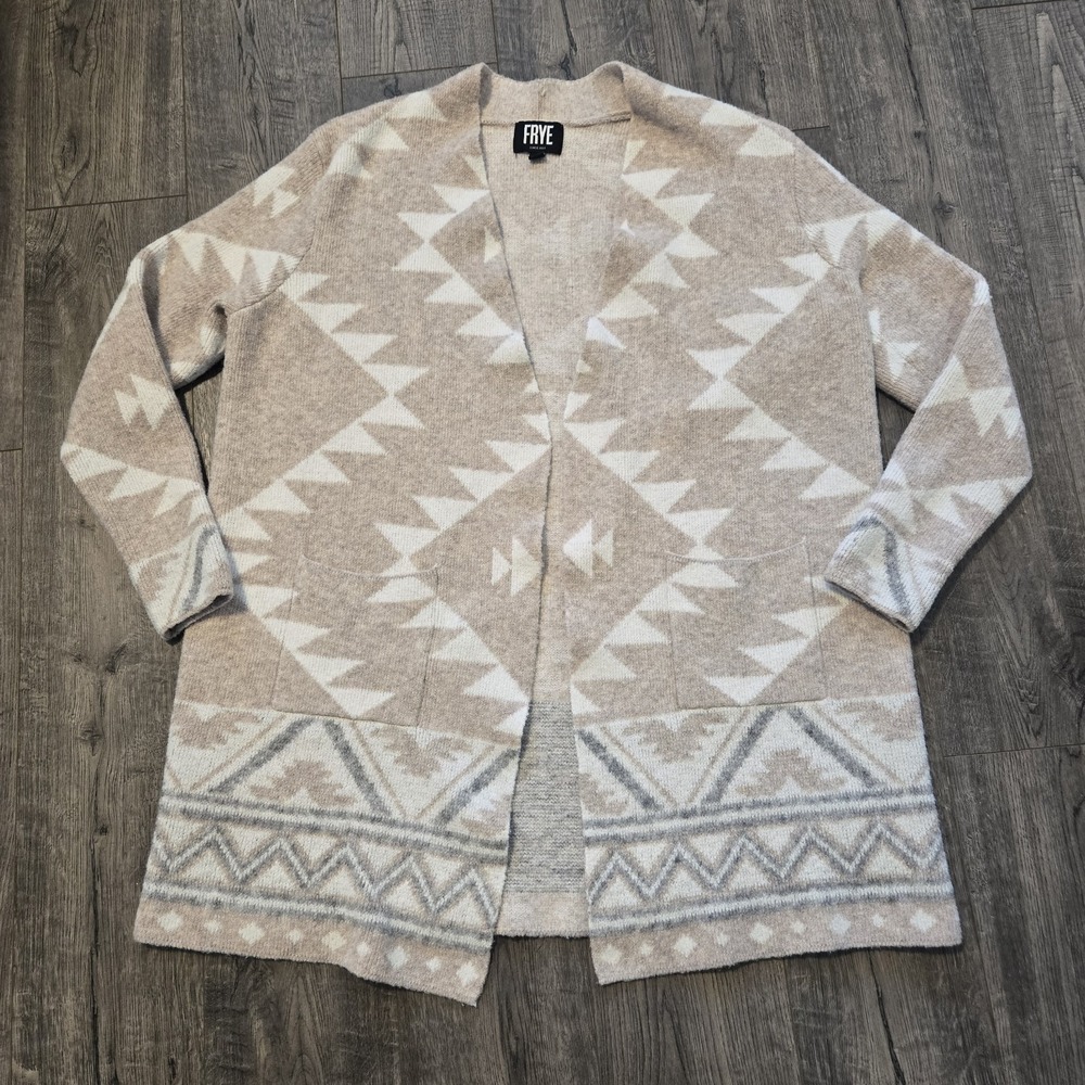 Frye Cardigan Sweater Womens XL Tan Ivory Aztec Tribal Soft Open Front Boho